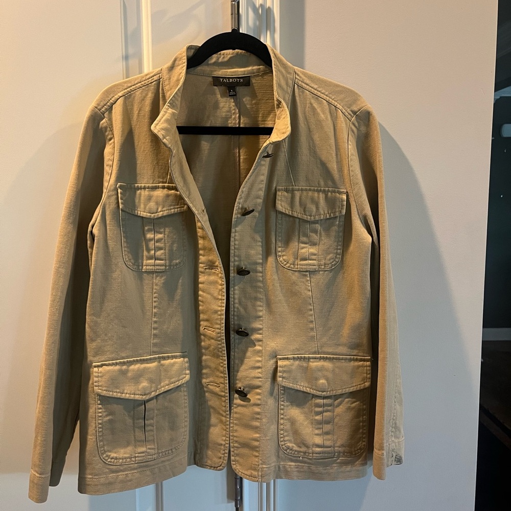 Talbots women’s L Tan military cargo Jacket big pockets cotton casual comfy
